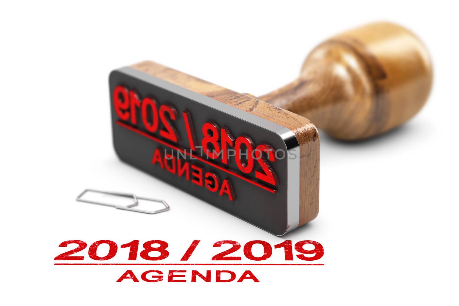 Rubber stamp and 2018 2019 agenda over white background. 3d illustration. 