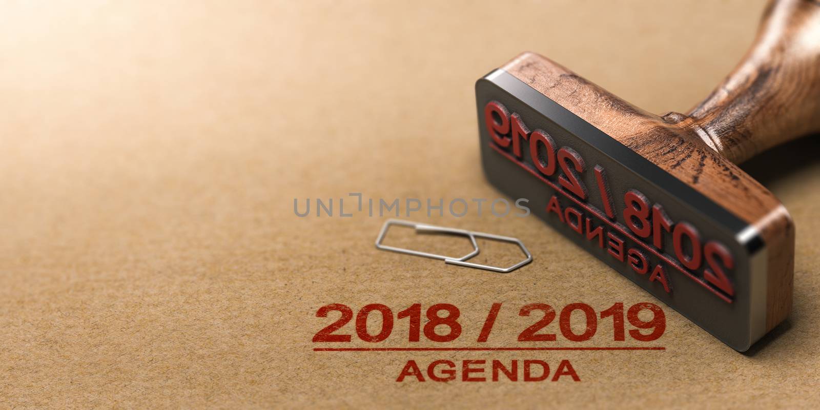 Rubber stamp and 2018 2019 agenda printed on kraft paper background. 3d illustration. 