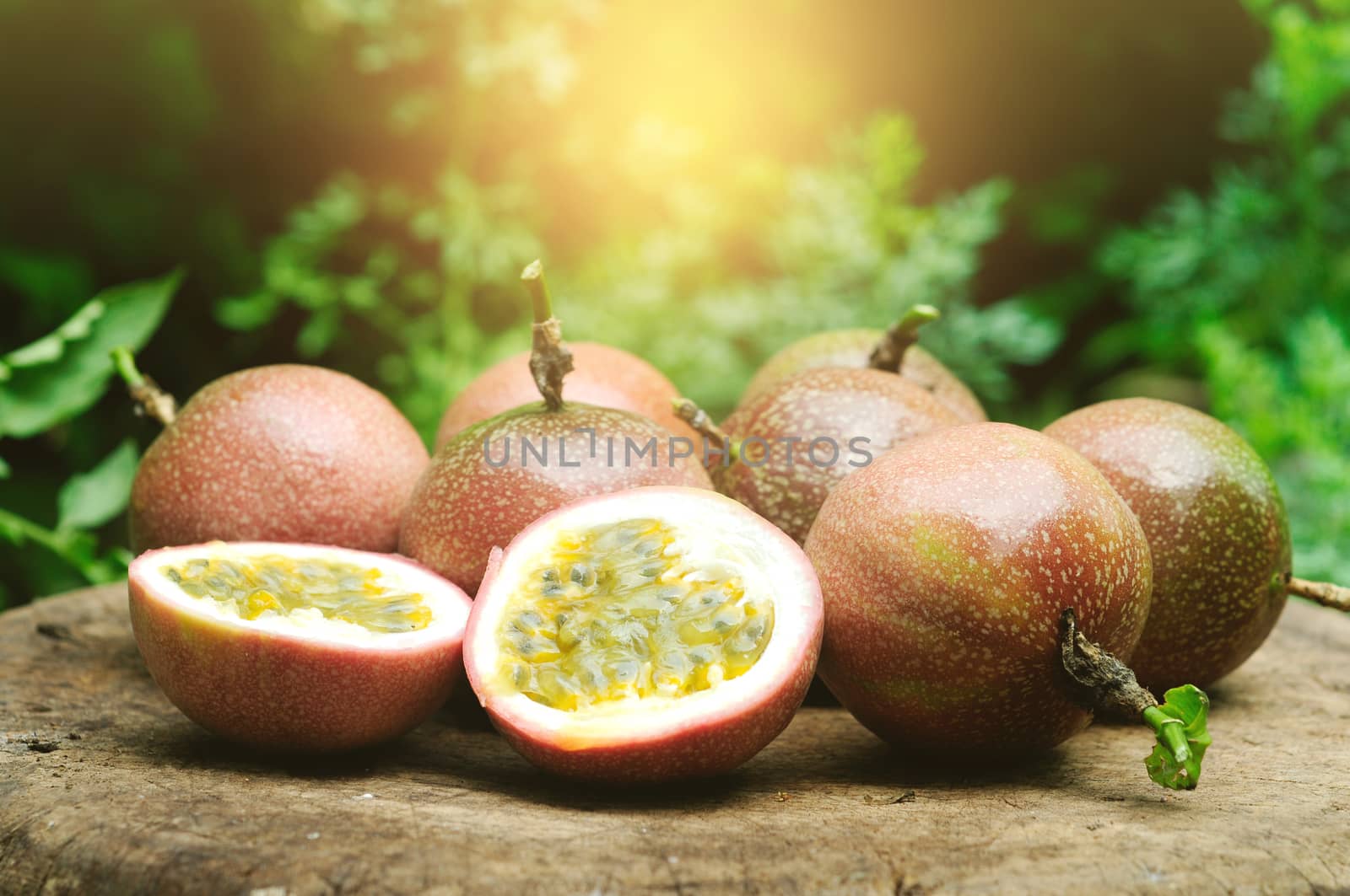 Passion fruit on wooden table.