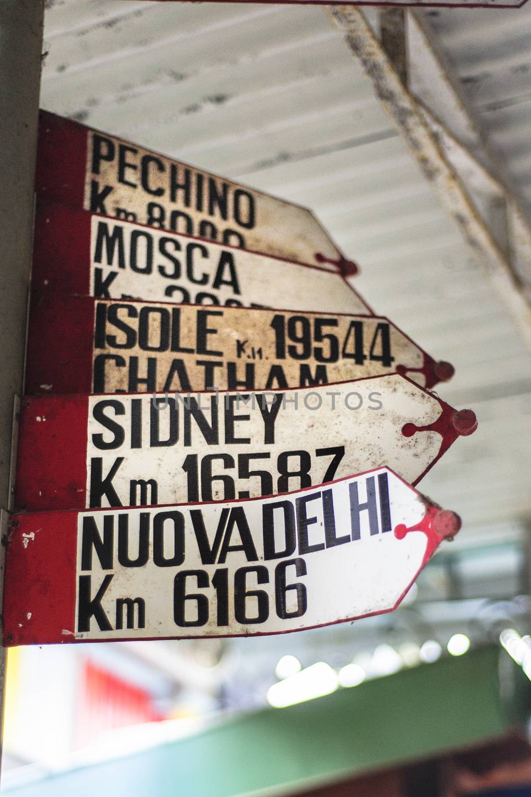 ancient signs with marked distances from the main cities of the world Beijing Moscow Sydney Cape Town