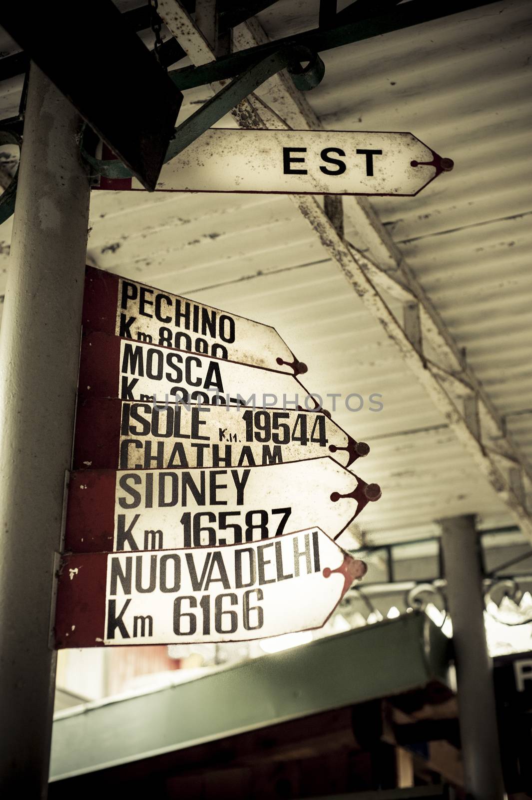 ancient signs with marked distances from the main cities of the world Beijing Moscow Sydney Cape Town