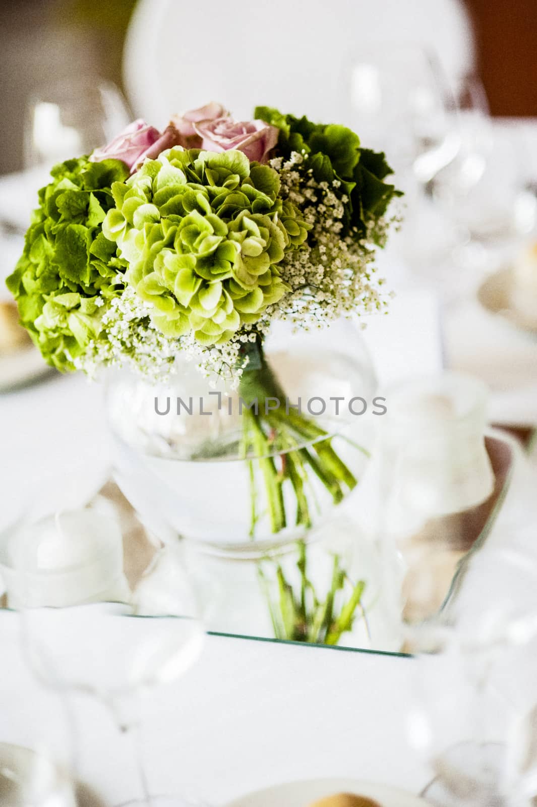 bridal bouquet with white and pink and green flowers, hydrangeas, roses