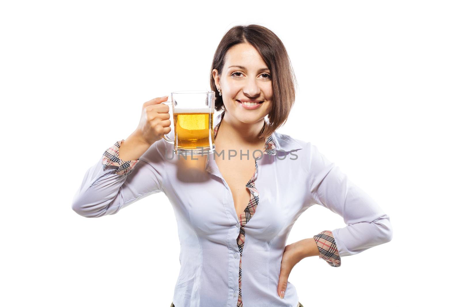 business girl holding beer glass against white background