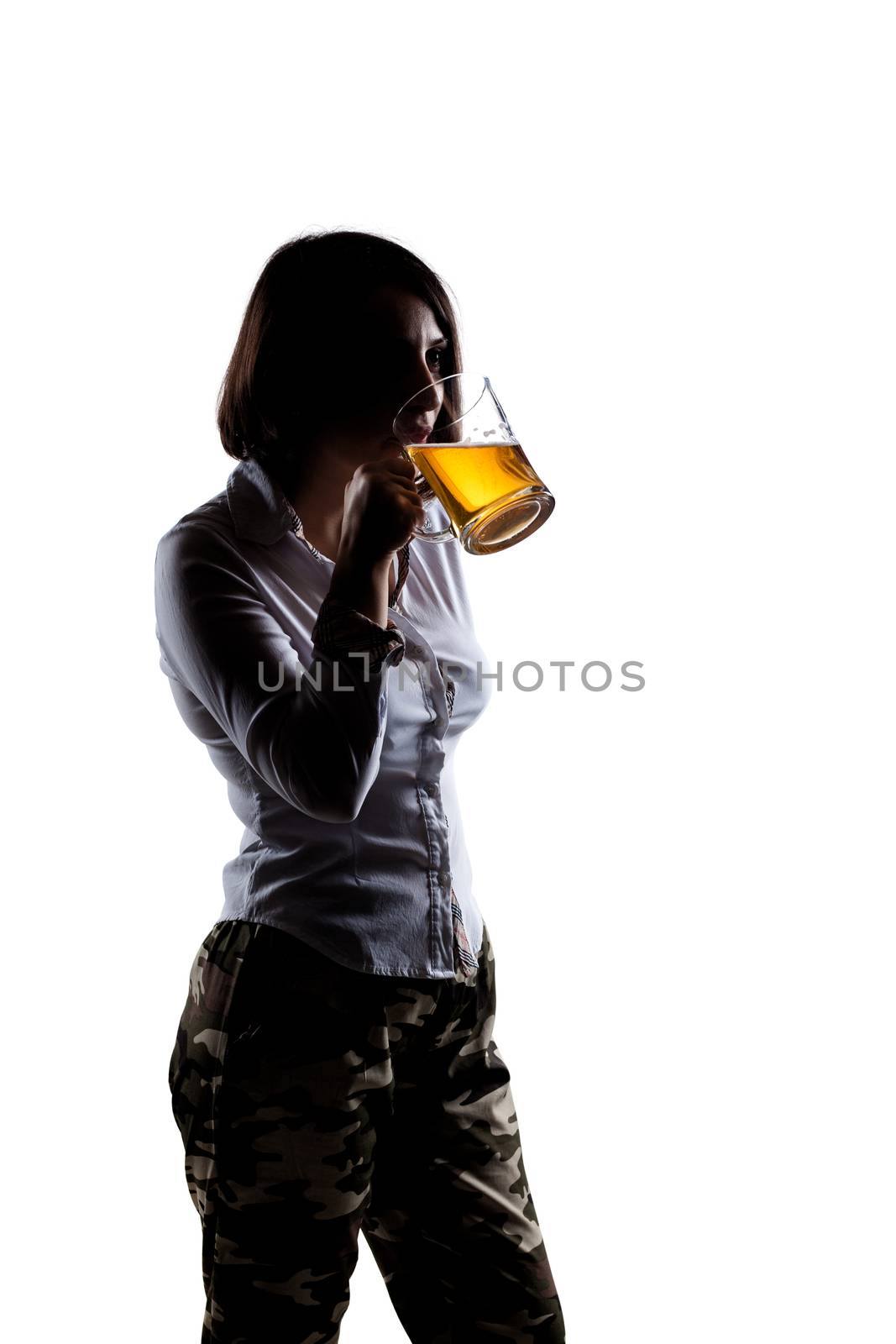 half silhouette girl drinking beer against white background