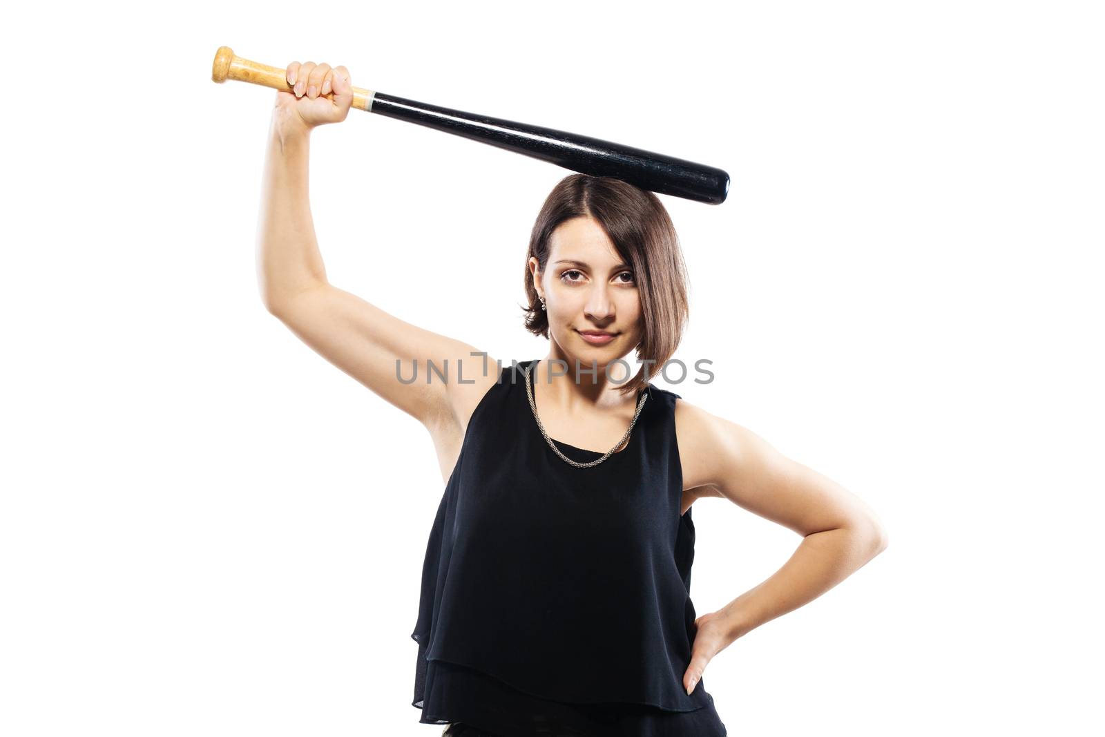 girl in camouflage pants holding a baseball bat, isolated on white