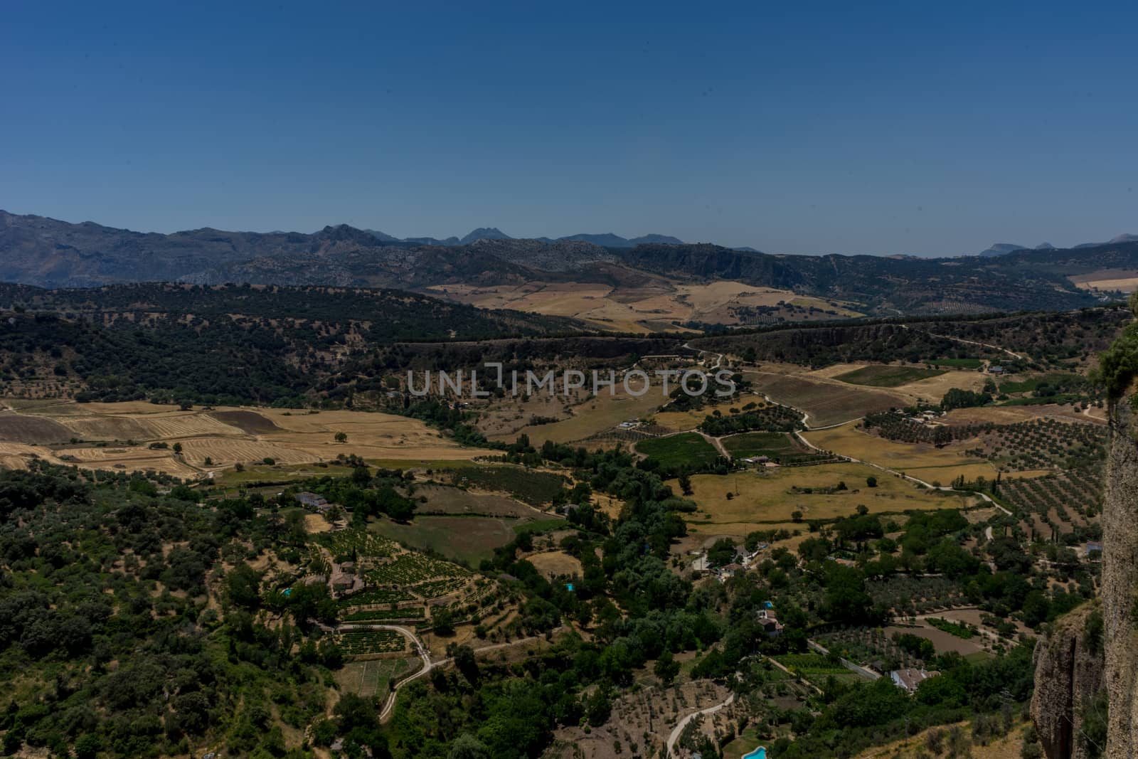 Greenery, Mountains, Farms and Fields on the outskirts of Ronda Spain, Europe on a hot summer day with clear blue skies