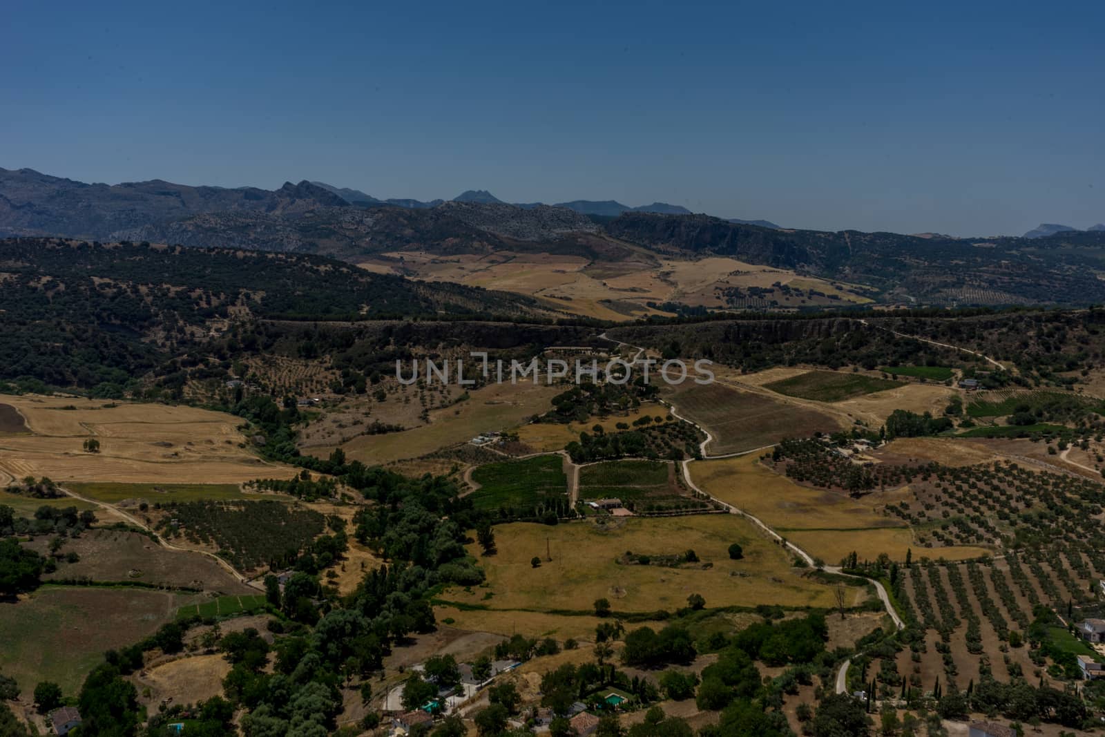 Greenery, Mountains, Farms and Fields on the outskirts of Ronda Spain, Europe on a hot summer day with clear blue skies