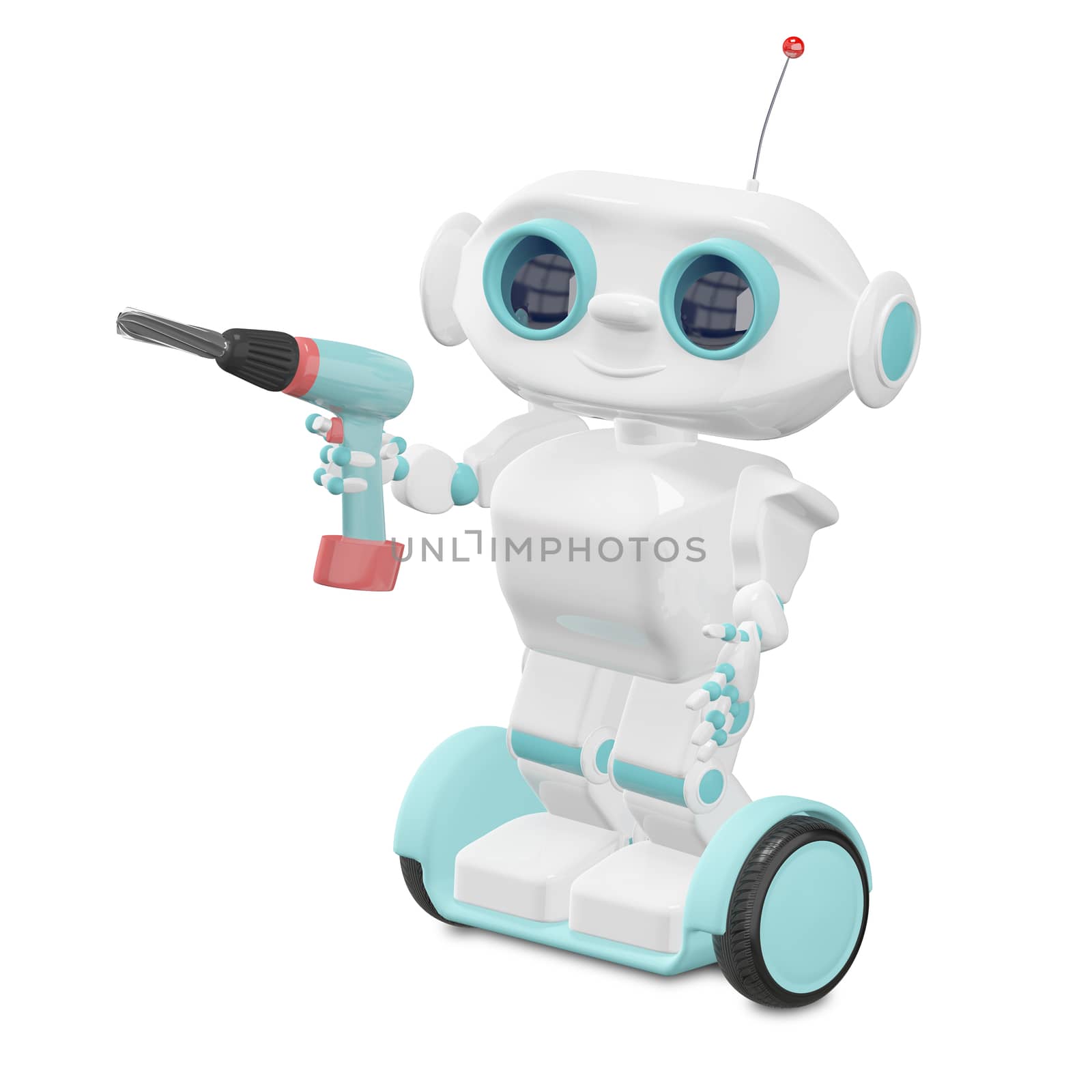 3D Illustration Little Robot with Screwdriver on a White Background