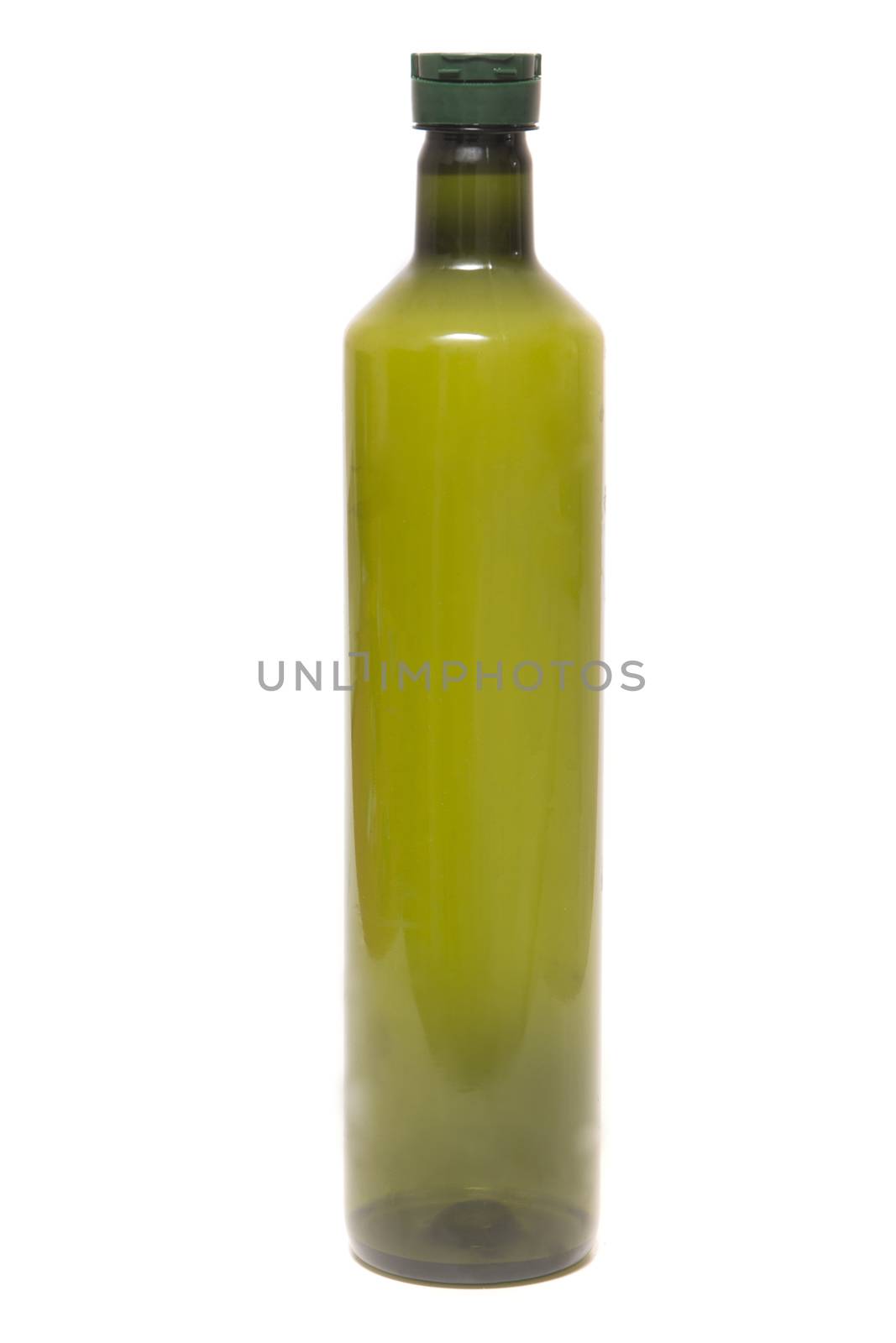 Green plastic empty olive oil bottle isolated on a white background.