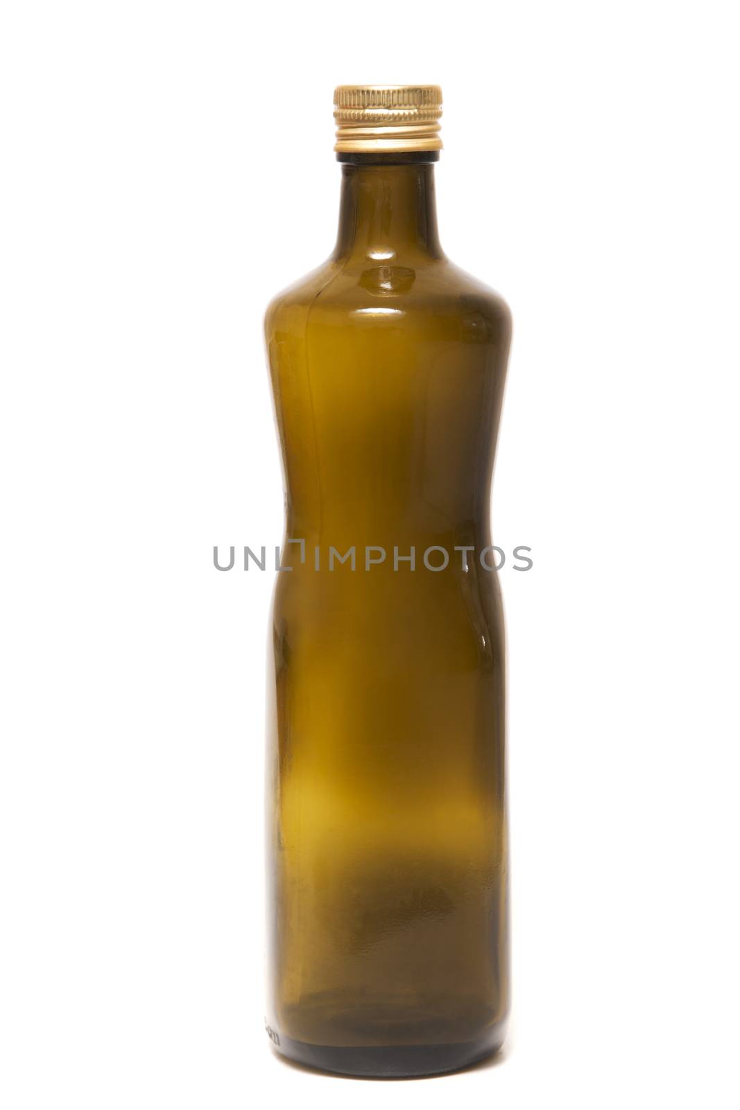 Brown glass empty olive oil bottle isolated on a white background.