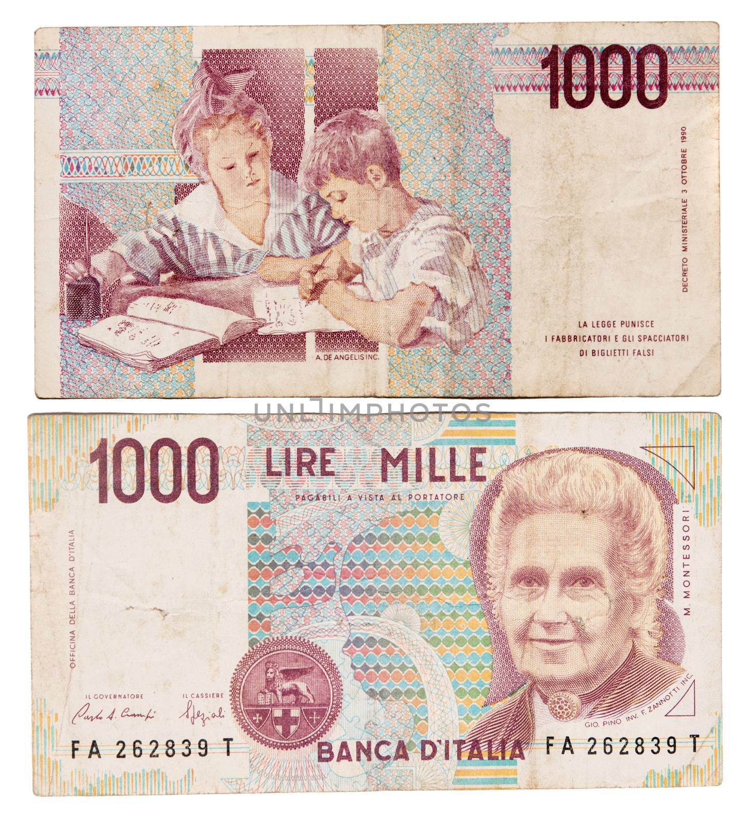 Obsolete Italian bank notes isolated on a white background.