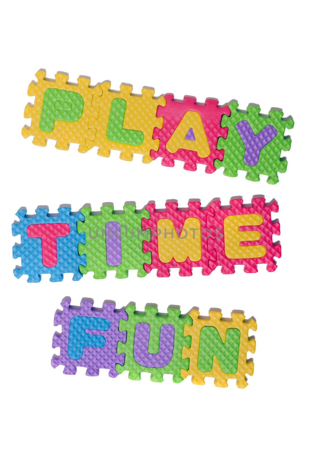 Foam puzzle letter uppercase with word Play Time Fun isolated on a white background.