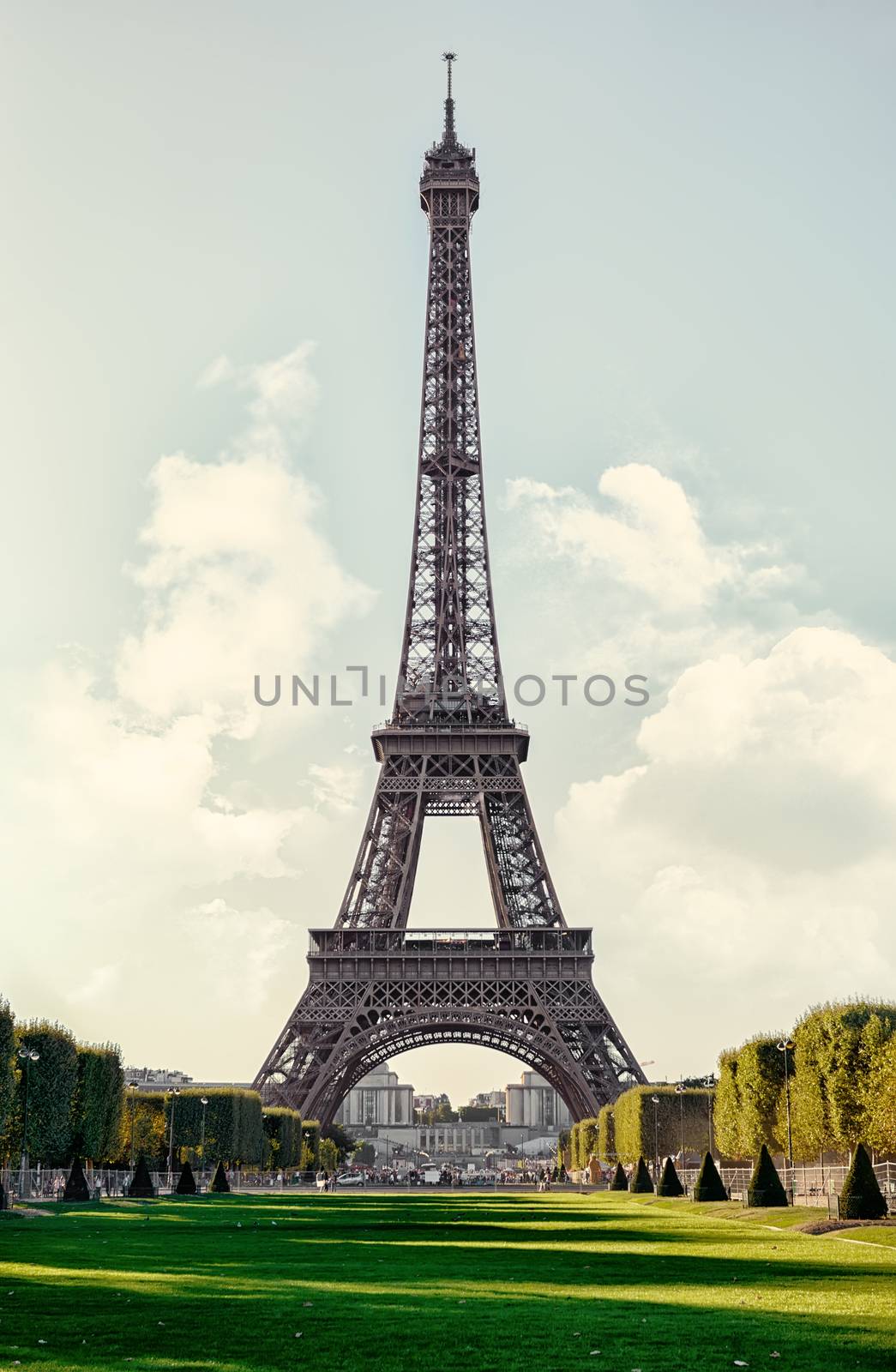 Metal Eiffel Tower and Champs de Mars in Paris, France