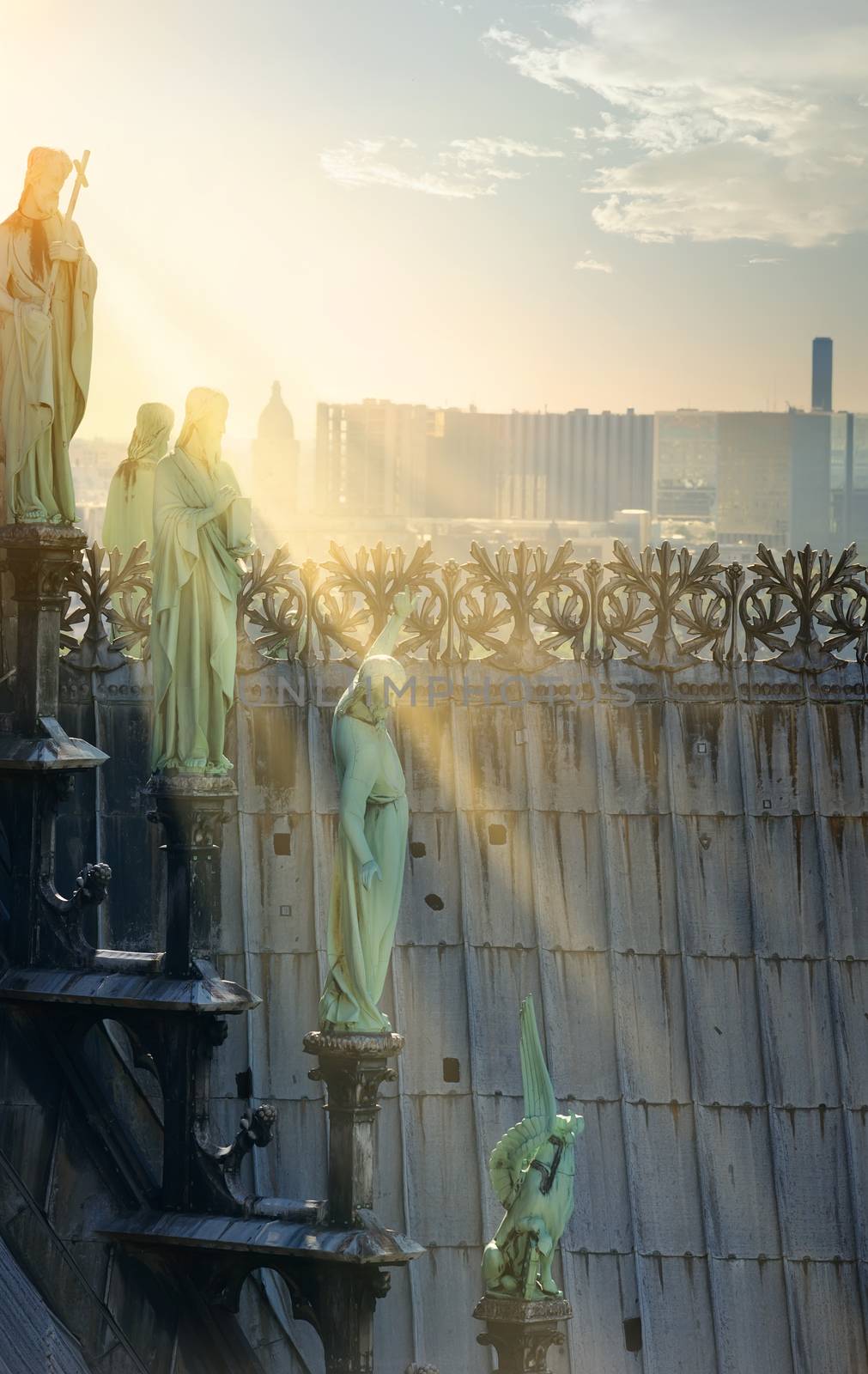 Statues of chimeras on Notre Dame de Paris, France