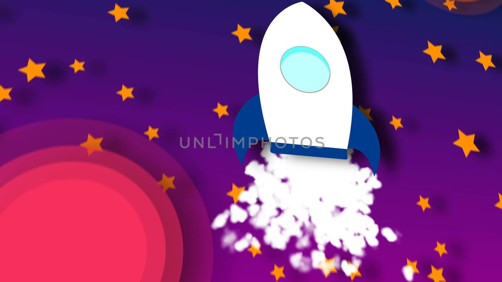 Animation of flying cartoon rocket with view from cosmos. 3d rendering