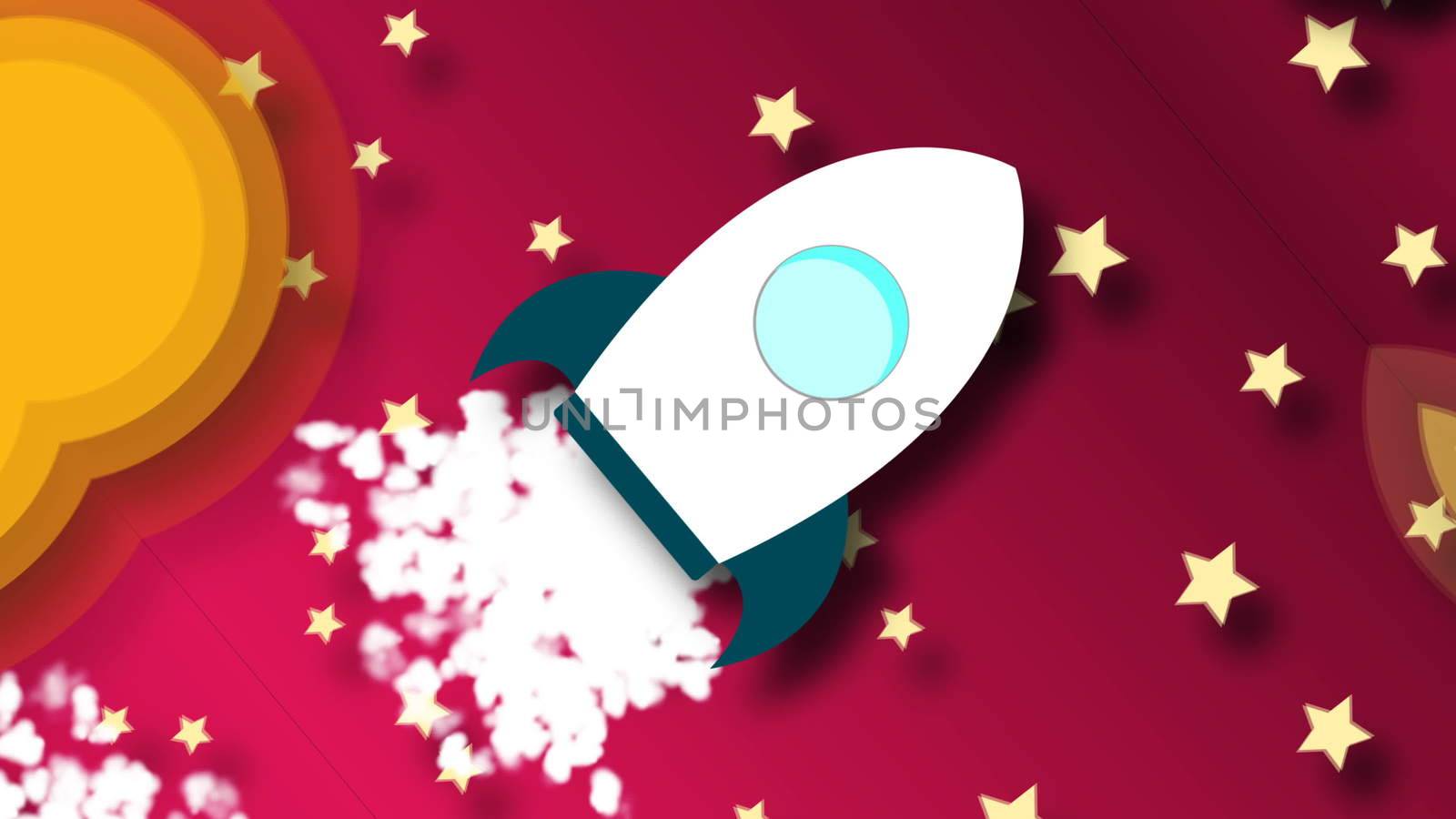 Animation of flying cartoon rocket with view from cosmos. 3d rendering