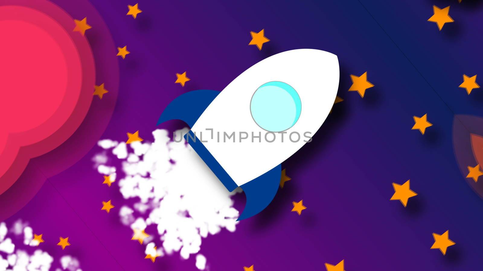 Animation of flying cartoon rocket with view from cosmos. 3d rendering