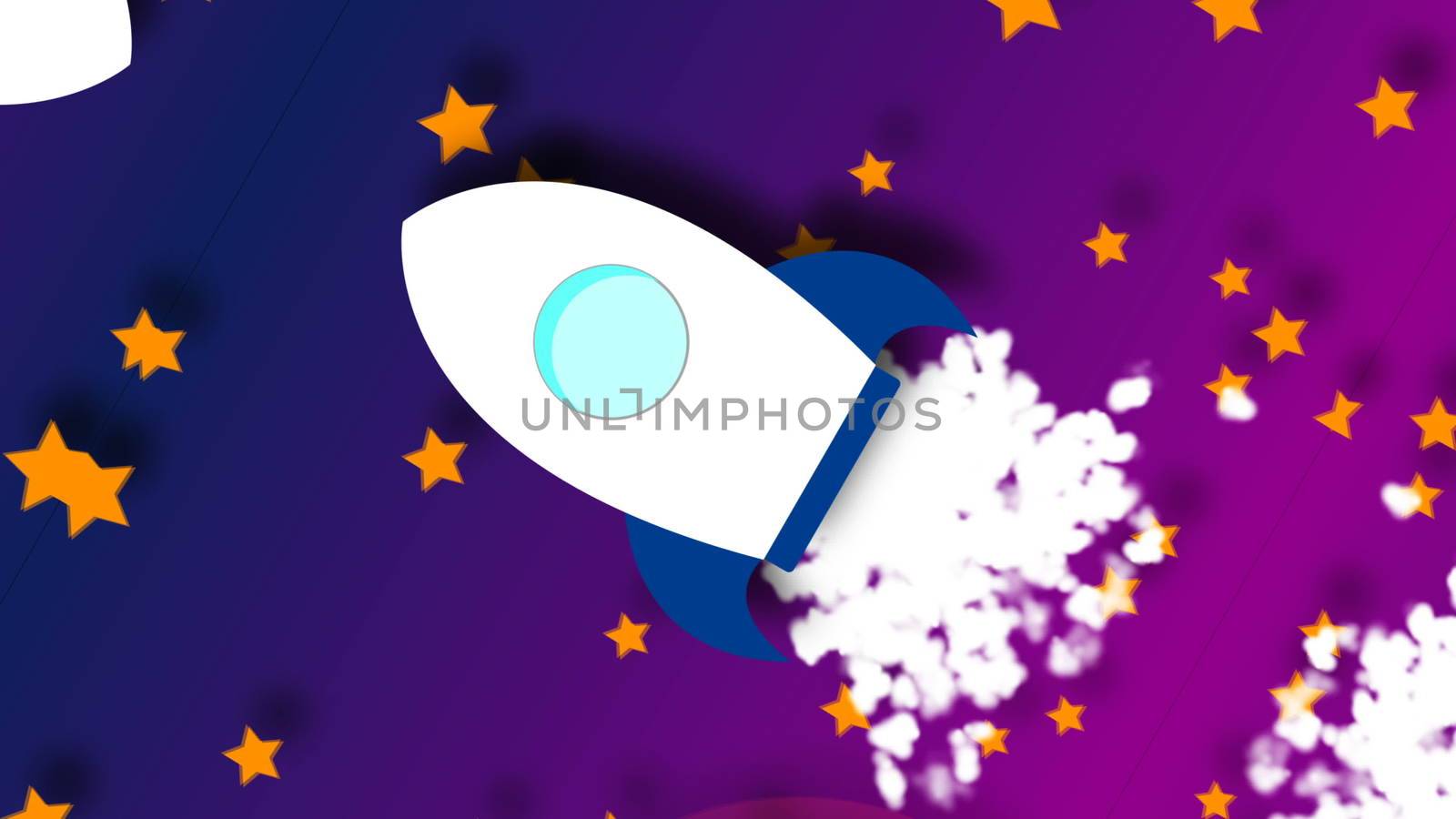 Animation of flying cartoon rocket with view from cosmos. 3d rendering