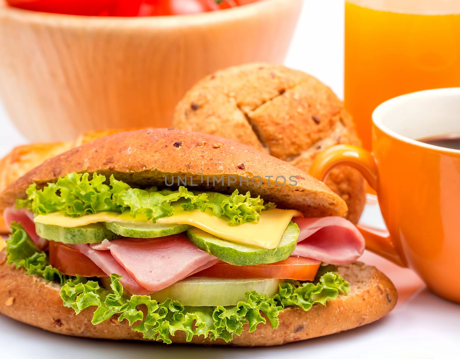 Cheese Ham Sandwich Representing Bread Roll And Granary