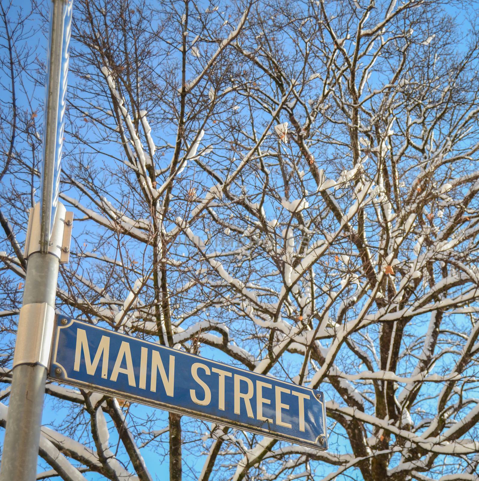 A Snowy Main Street Sign In Small Town America