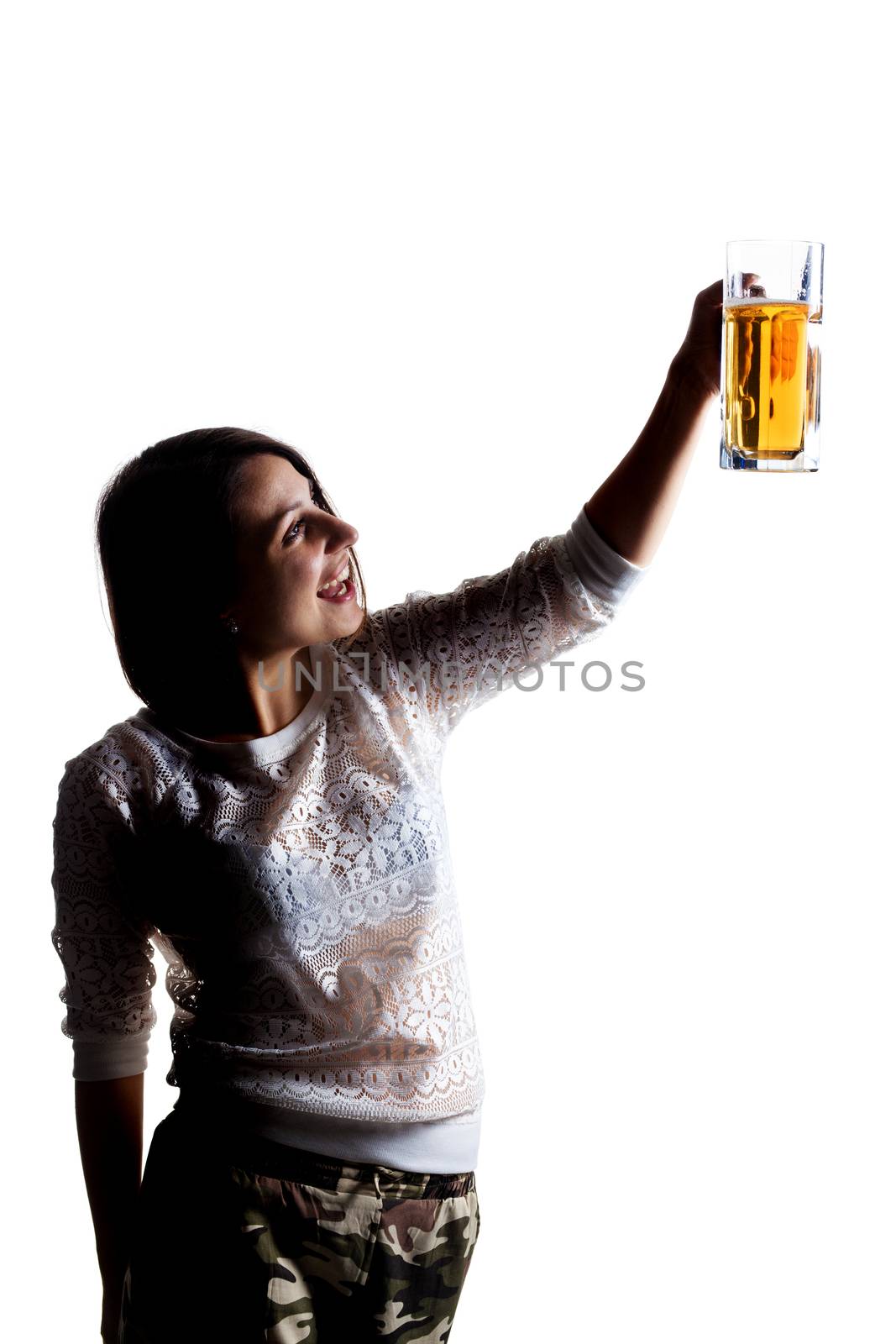happy girl cheering with a beer mug against white background, half silhouette