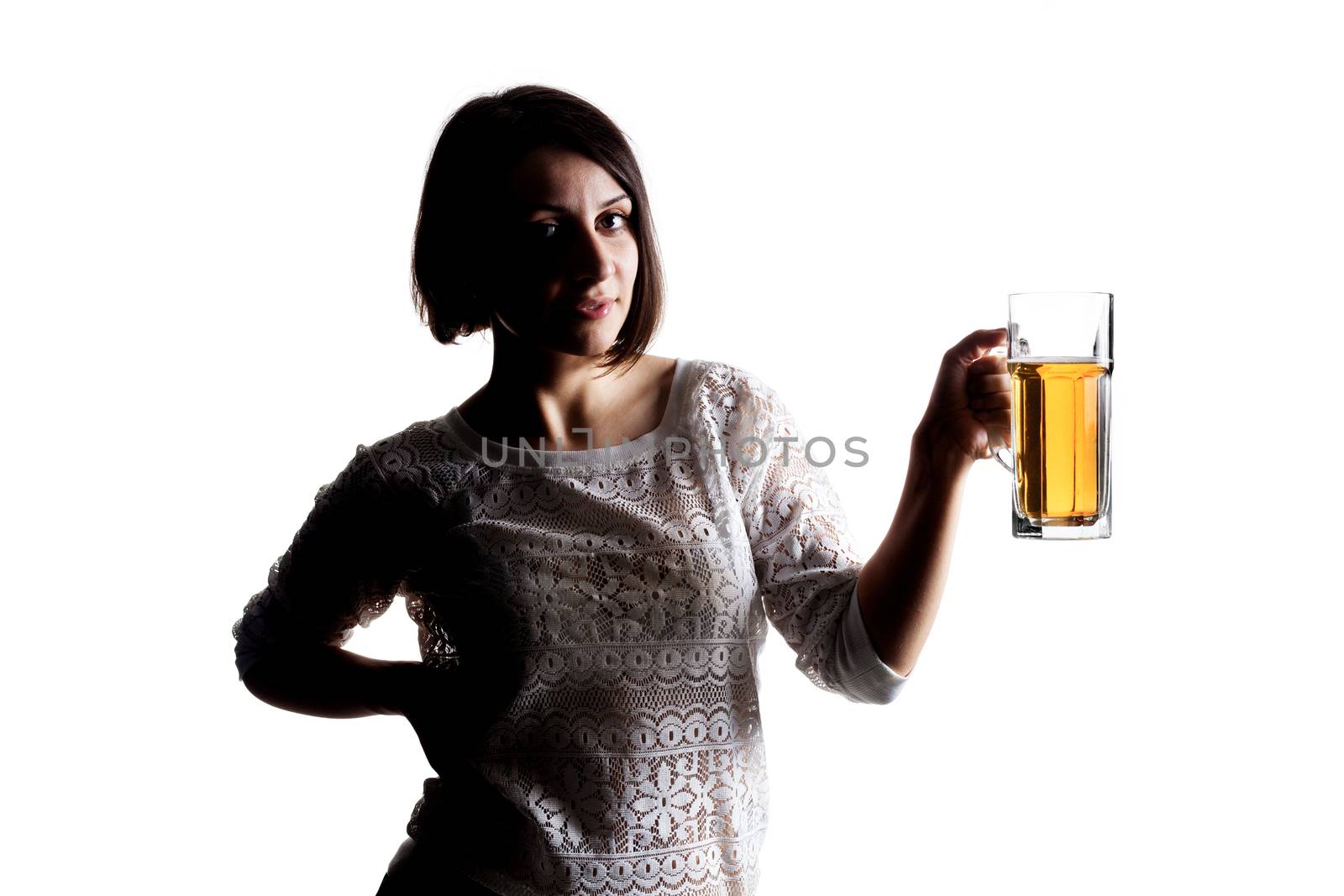 half silhouette girl holding beer mug against white background