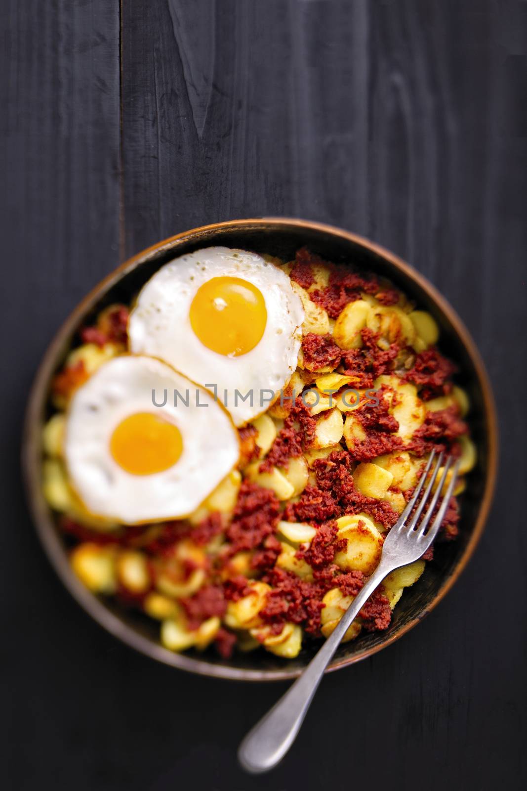 close up of rustic corned beef hash