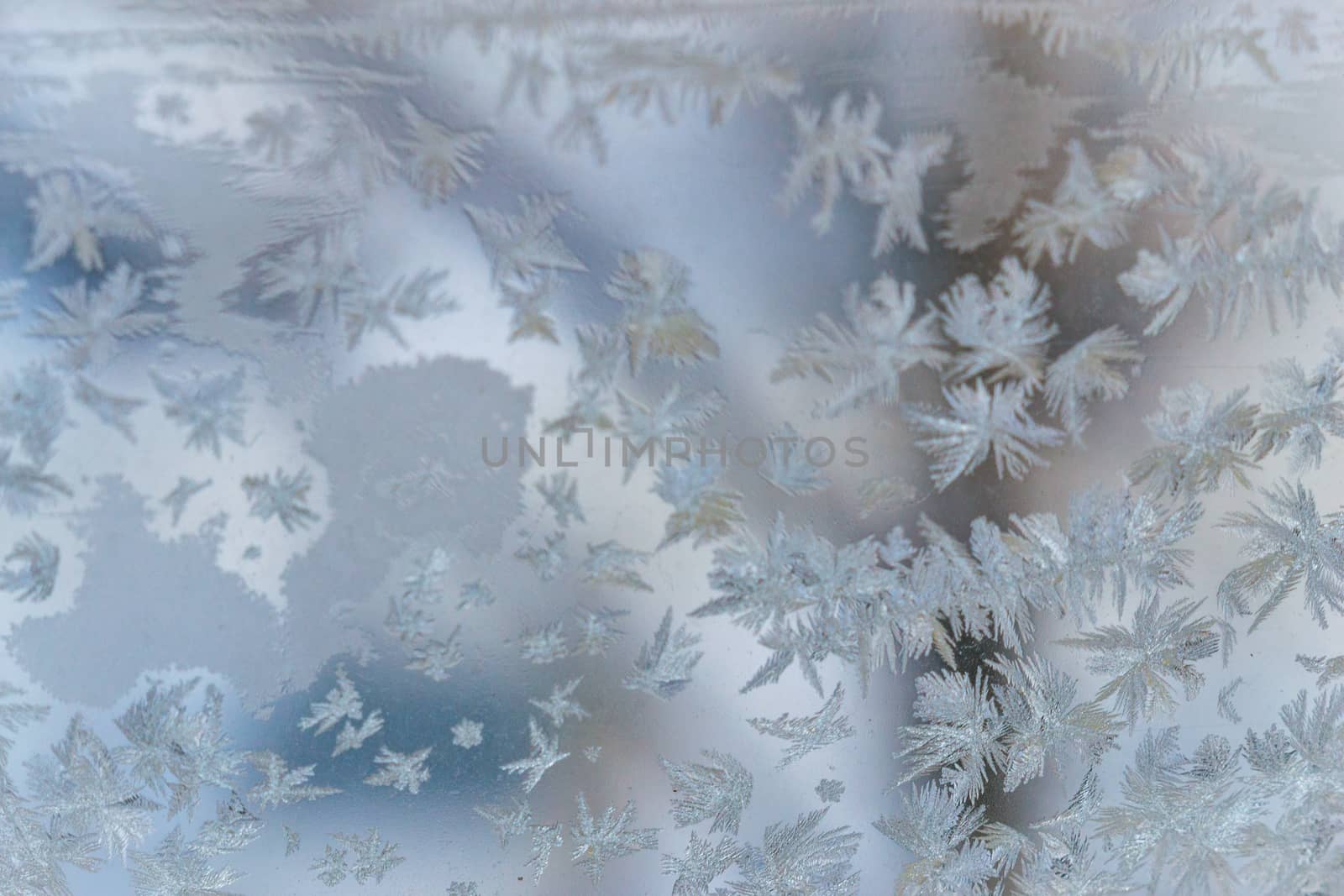 winter window close-up snow patterns on the Windows of frost, snow city