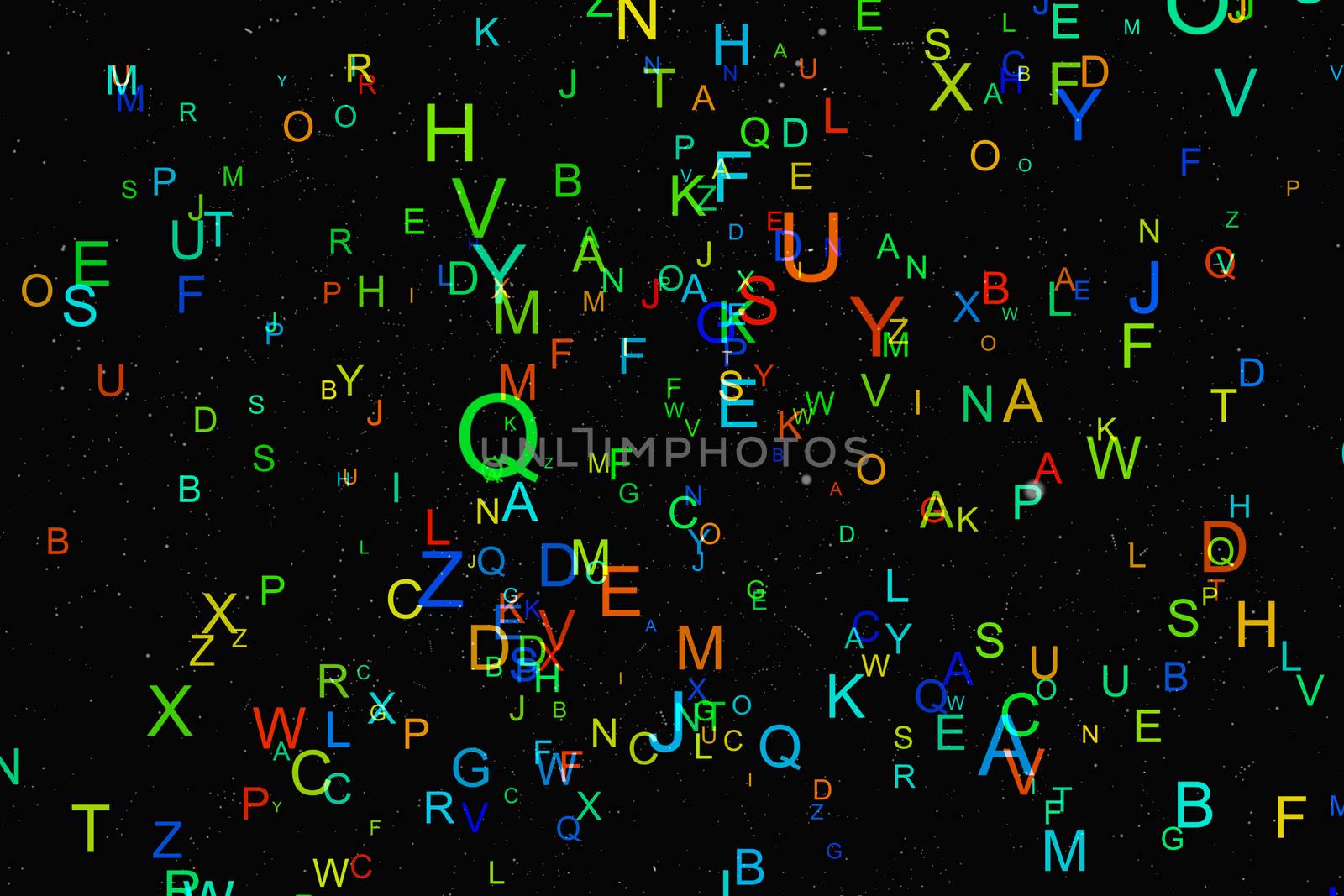 Abstract colorful alphabet fly on black background by cherezoff