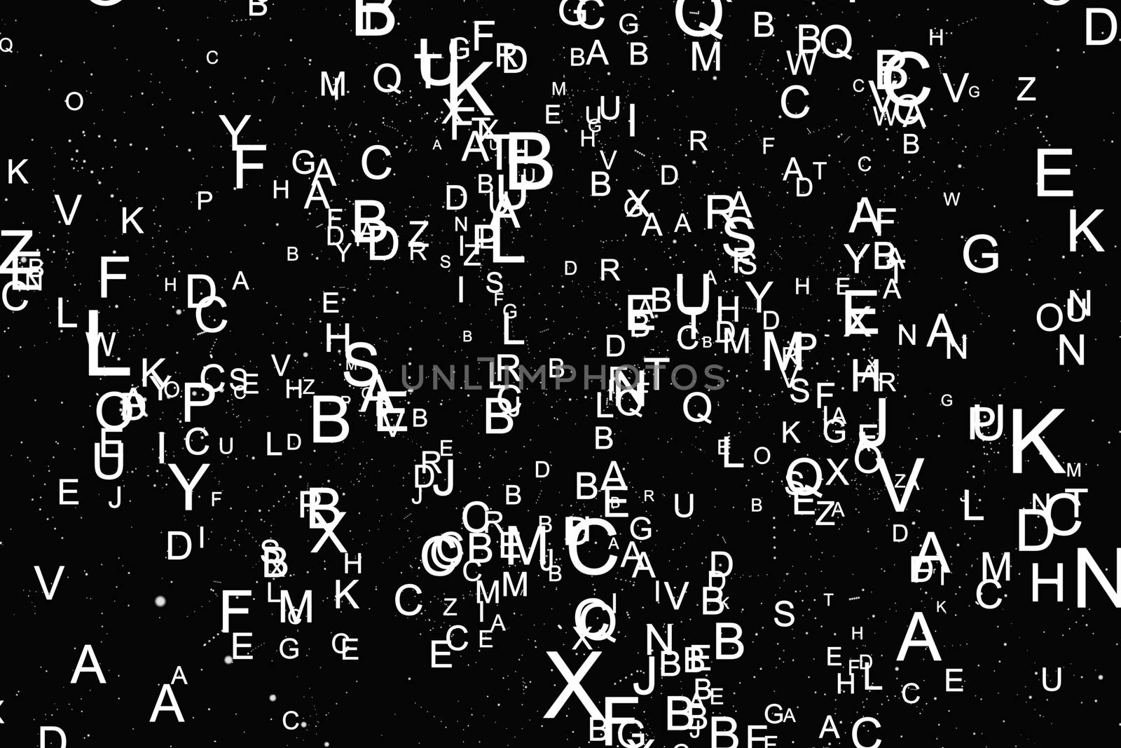 Abstract white alphabet fly on black background. Education concept