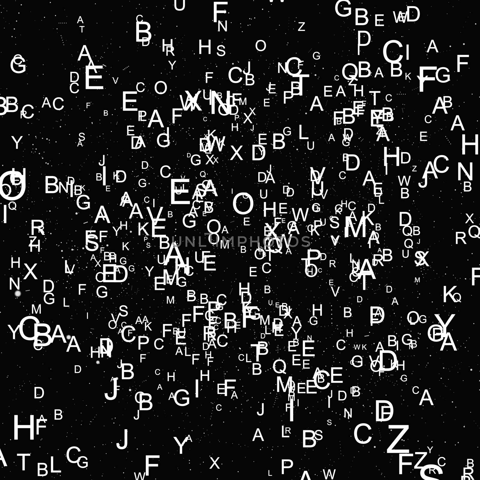 Abstract white alphabet fly on black background. Education concept