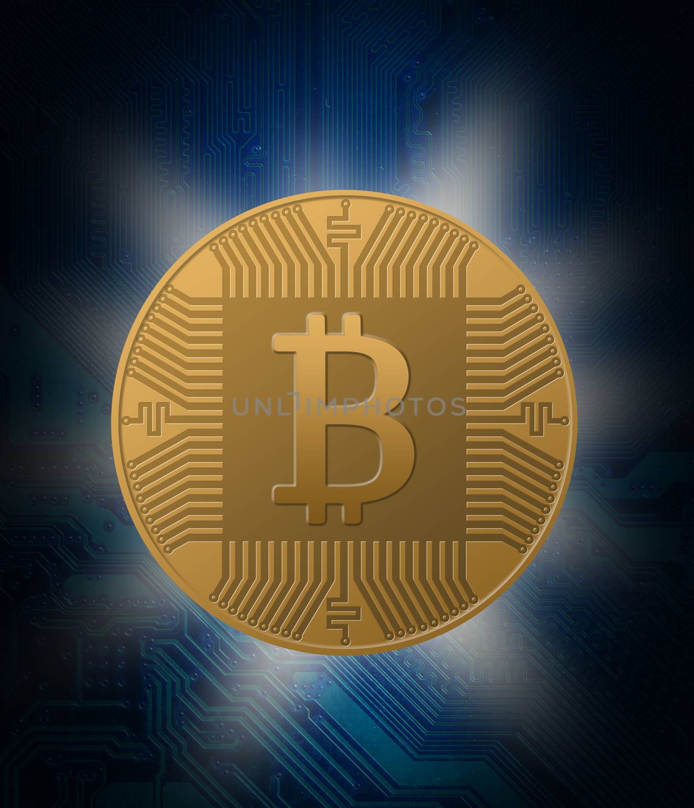 bitcoin crypto currency on a graphical blue background