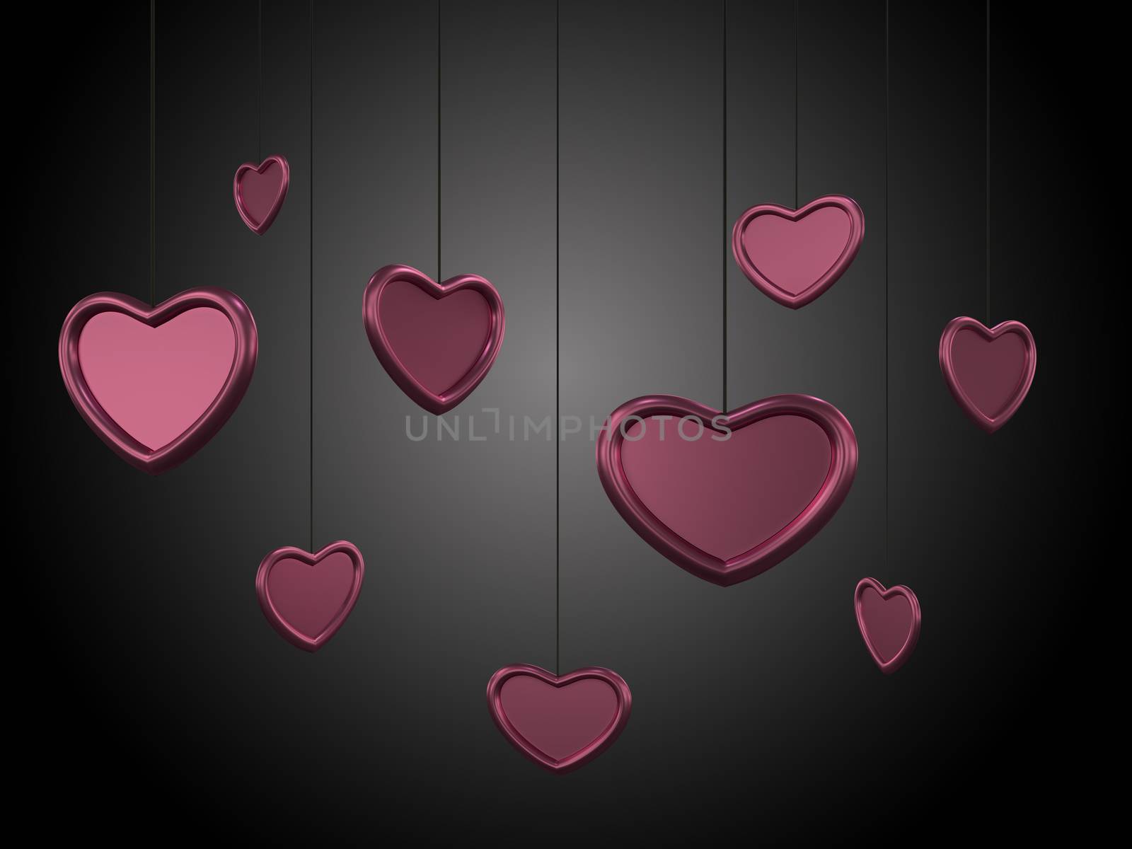 Beautiful heart background with glossy pink red hearts on a strings. Background with dark gradient. 3D rendering. Illustration for St Valentines day holiday.