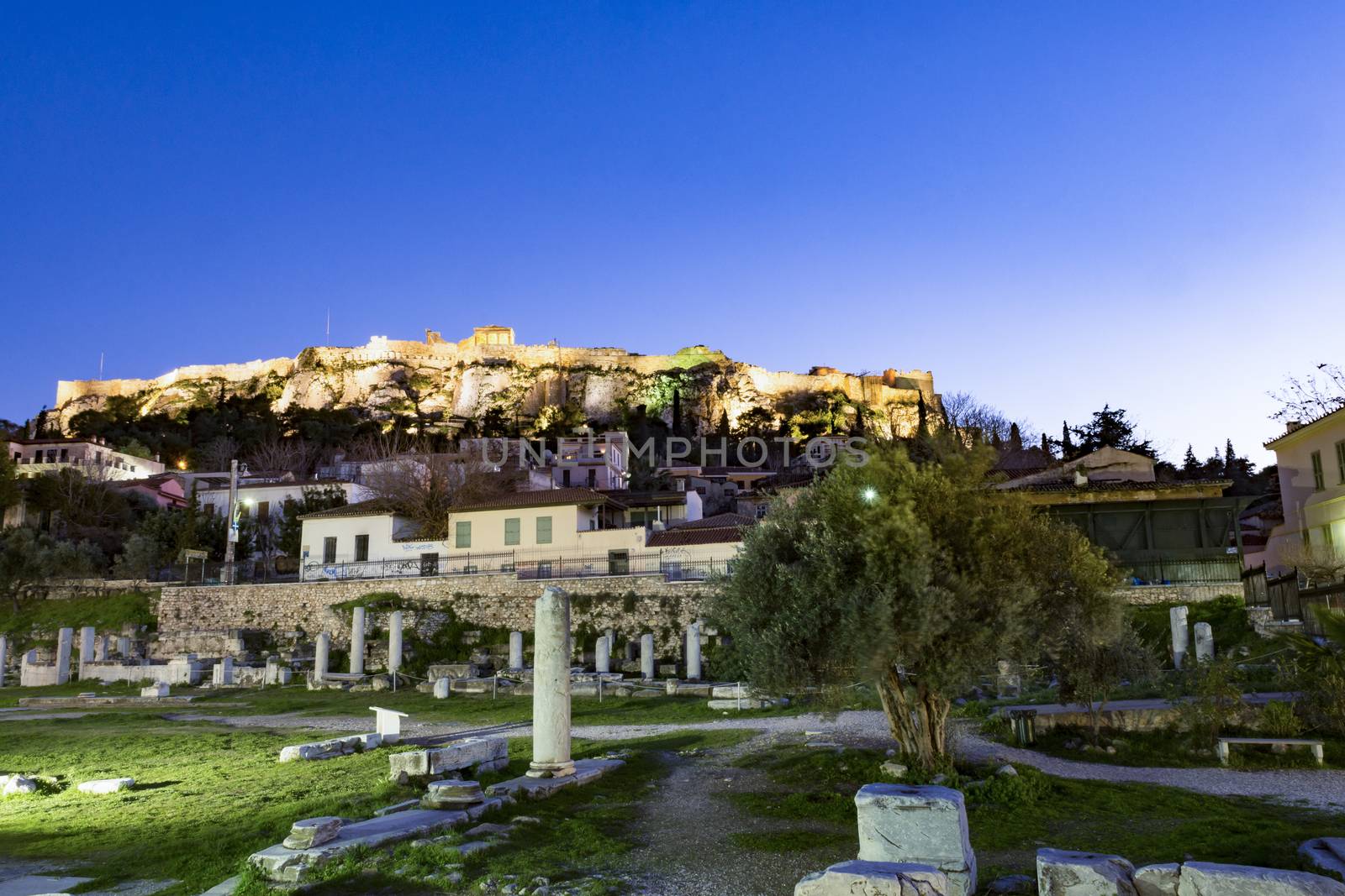 view of roman market and acropolis above