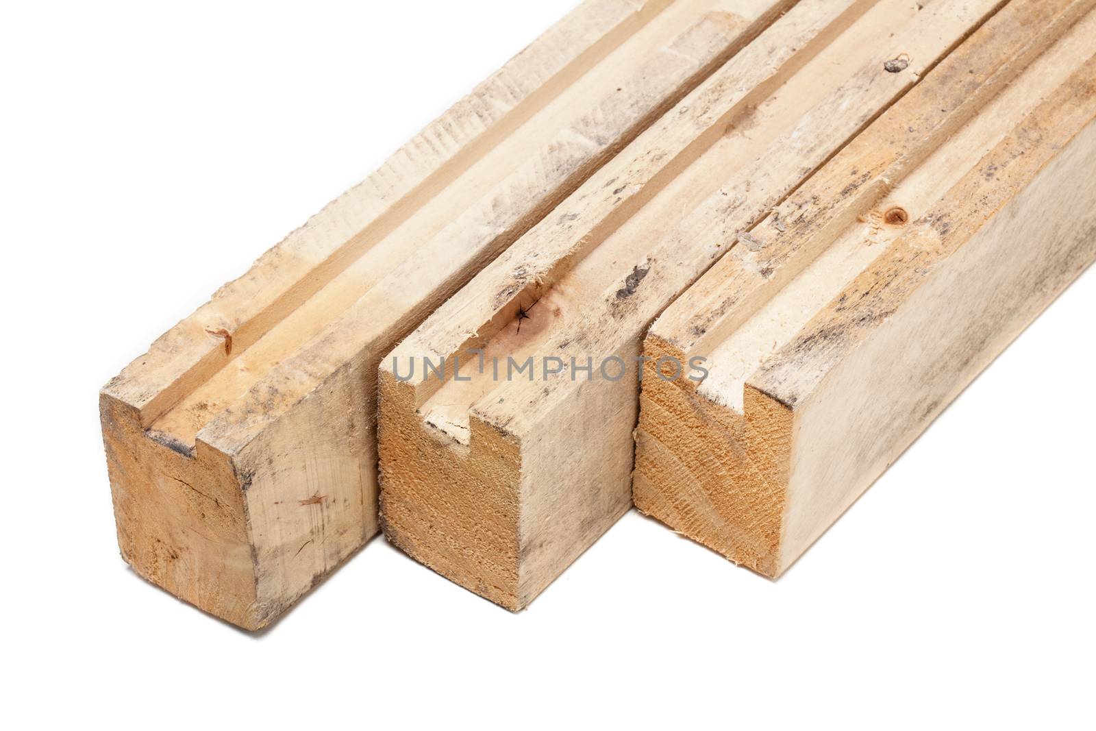 three wooden beams isolated on white background