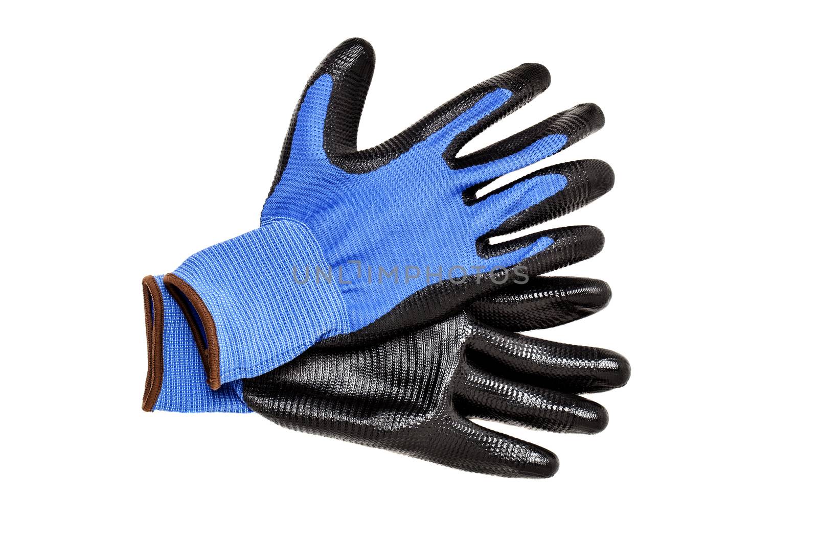 blue protective gloves, with black rubber