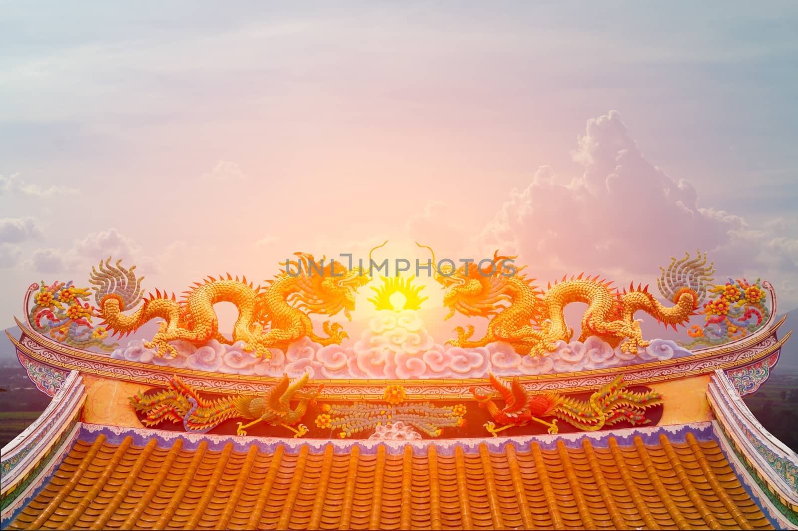 Beautiful chinese dragon statue with sun light background.