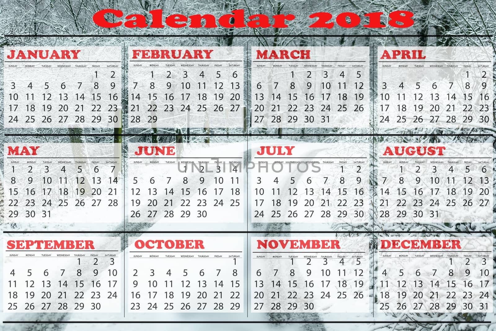 Calendar for 2018. Scheduler, Agenda or Diary template. Week starts on Sunday.