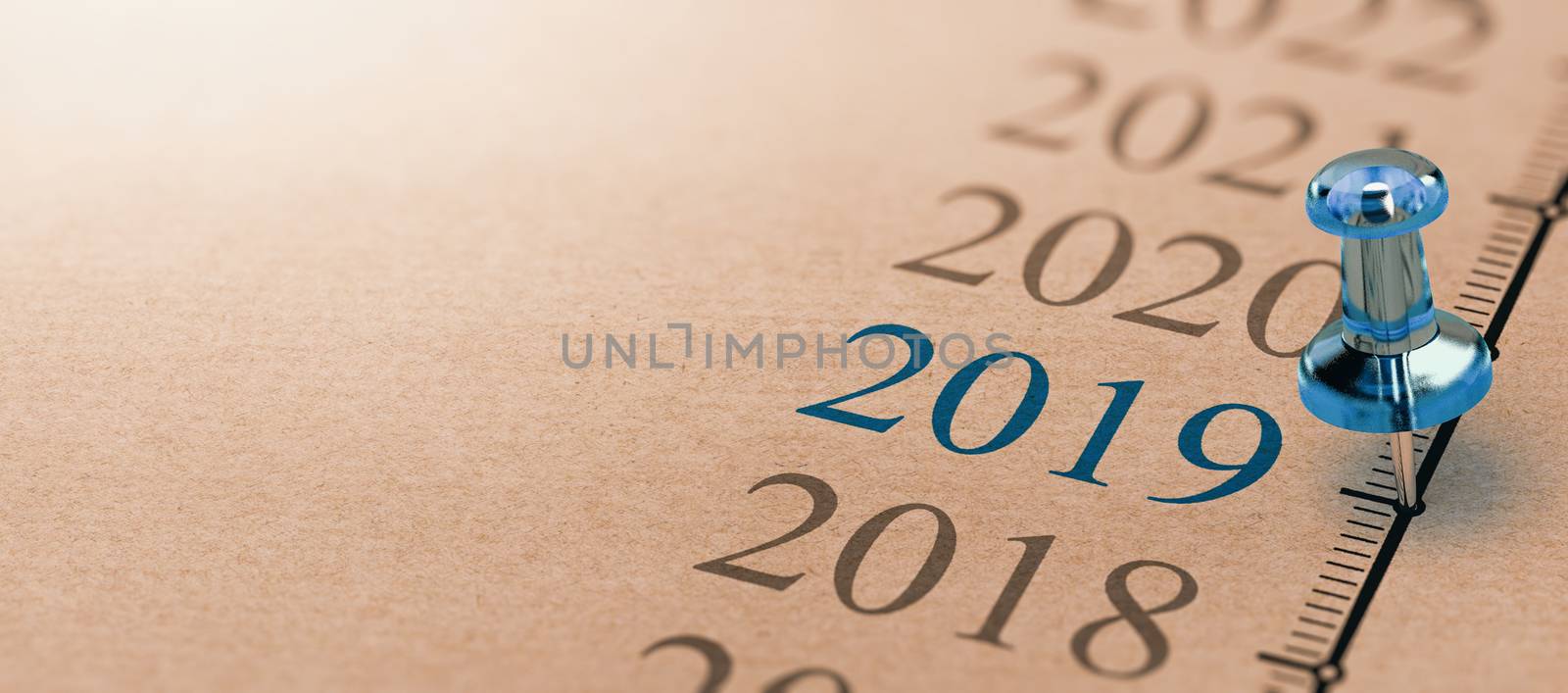 3D illustration of a timeline on kraft paper with focus on 2019 and a blue thumbtack. Year two thousand nineteen 