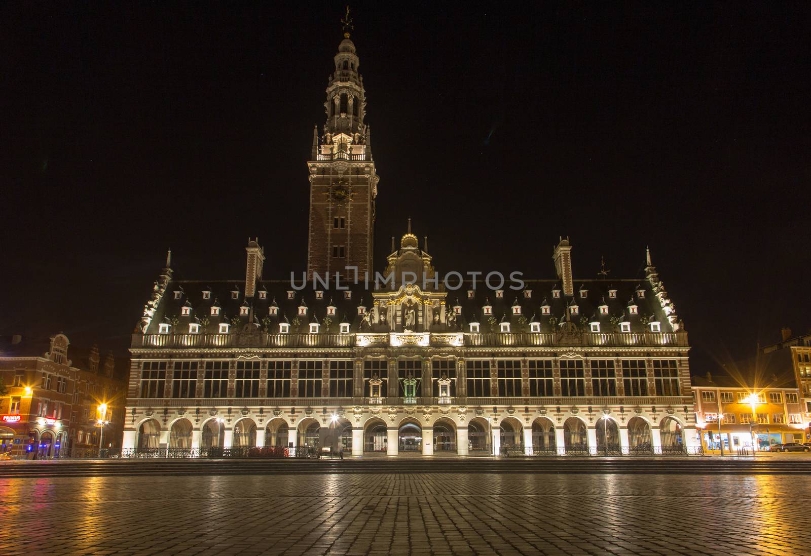 The university library on the Ladeuze square at night, Leuven, Belgium