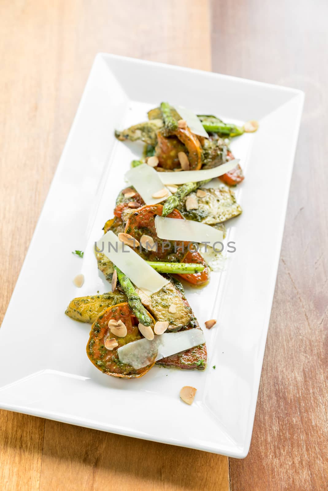 Grilled vegetables with Pestro Sauce omwooden table