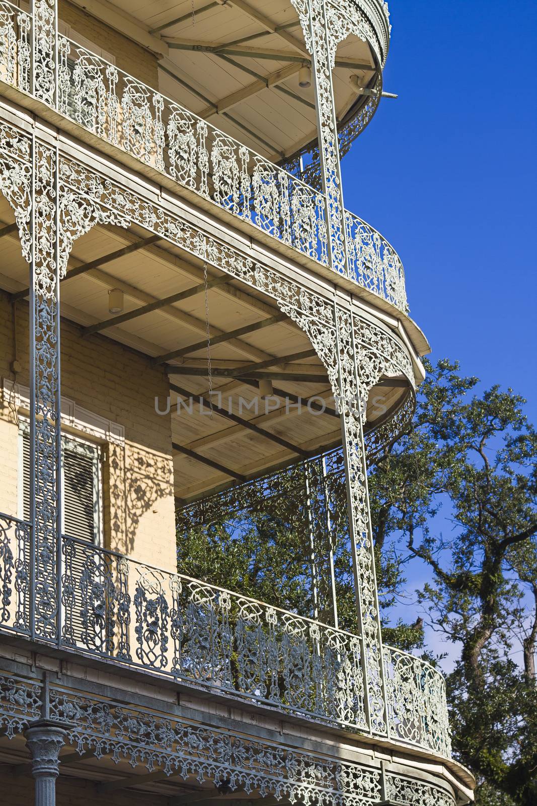 Corner balcony attached to a building in New Orleans