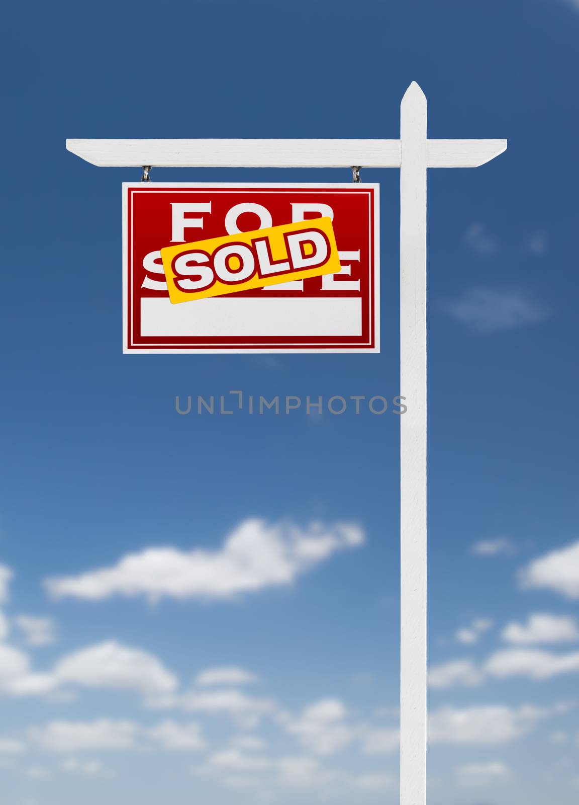 Left Facing Sold For Sale Real Estate Sign on a Blue Sky with Cl by Feverpitched