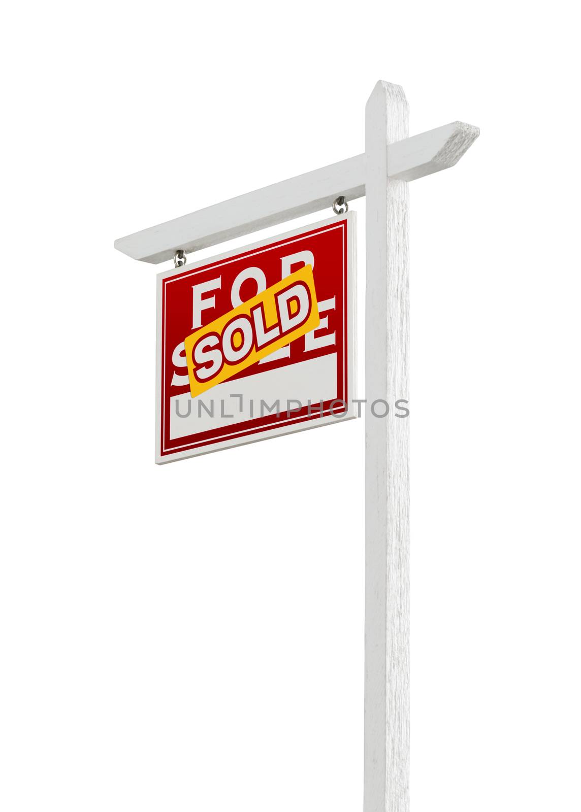 Left Facing Sold For Sale Real Estate Sign Isolated on a White Background.