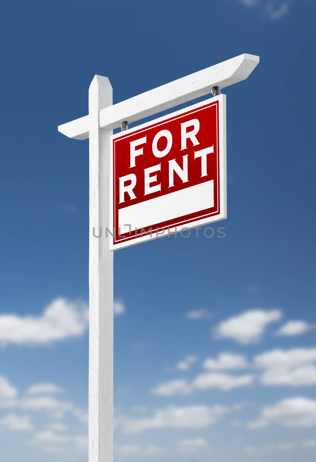Right Facing For Rent Real Estate Sign on a Blue Sky with Clouds by Feverpitched