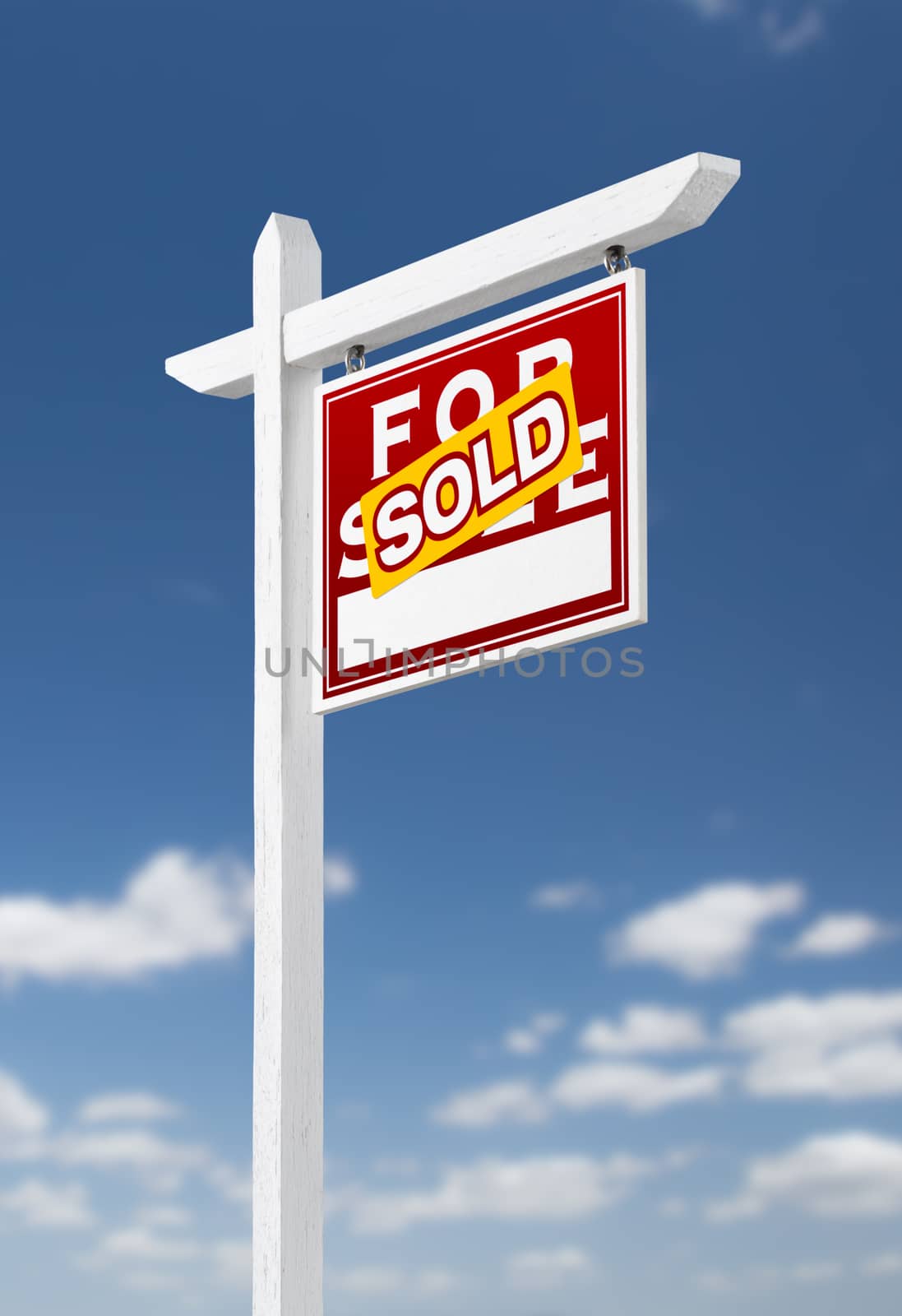 Right Facing Sold For Sale Real Estate Sign on a Blue Sky with C by Feverpitched