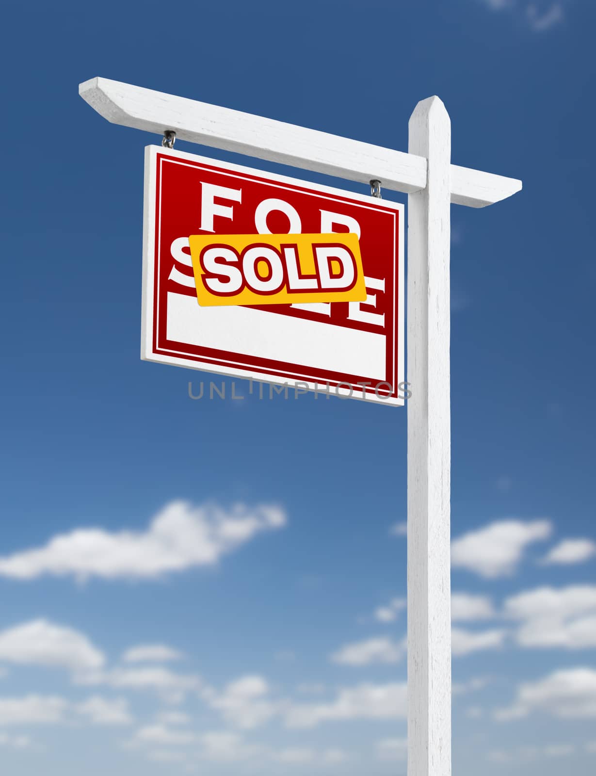 Left Facing Sold For Sale Real Estate Sign on a Blue Sky with Cl by Feverpitched