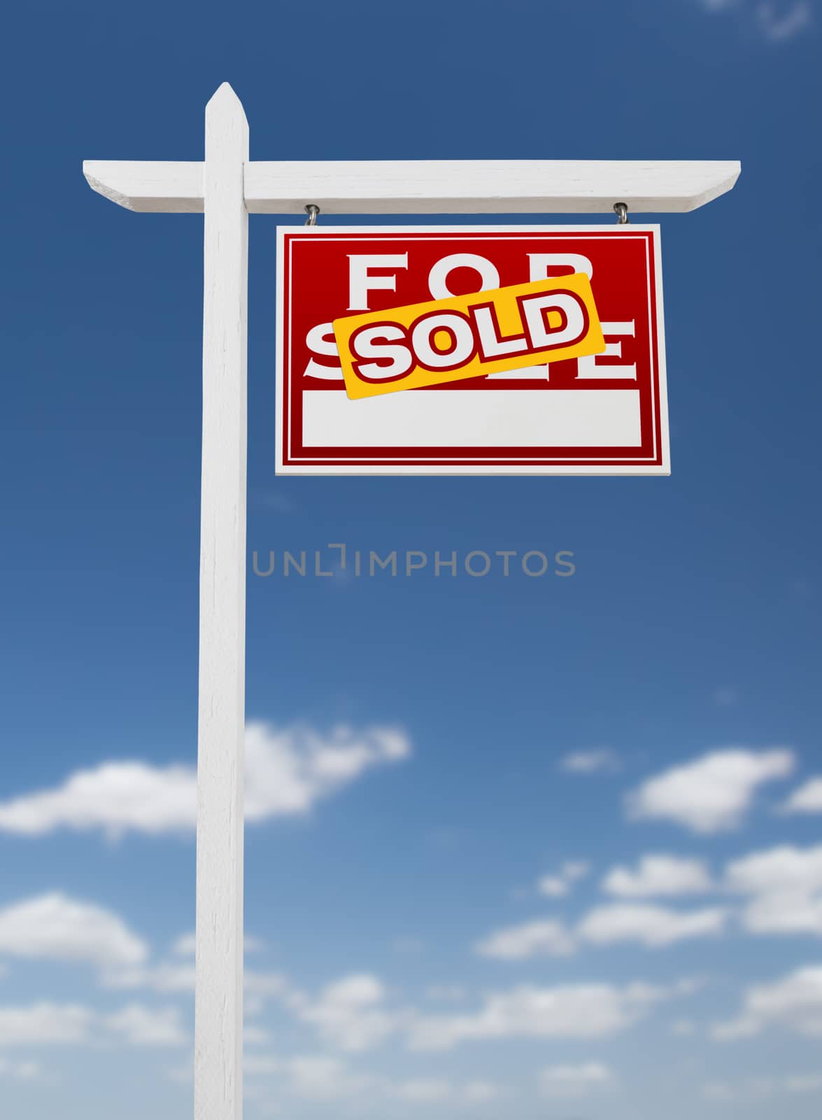 Right Facing Sold For Sale Real Estate Sign on a Blue Sky with C by Feverpitched