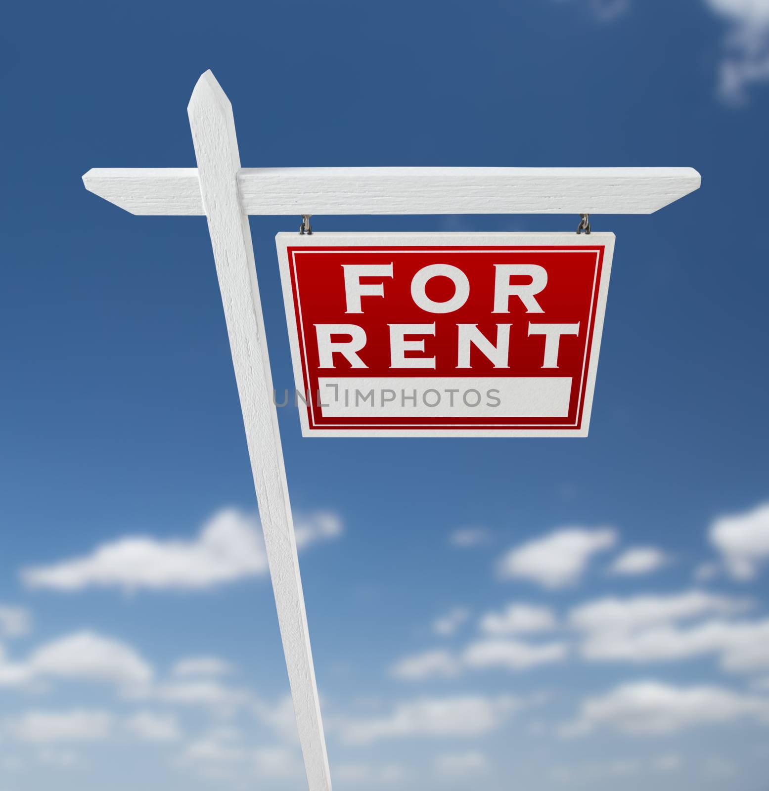 Right Facing For Rent Real Estate Sign on a Blue Sky with Clouds. by Feverpitched