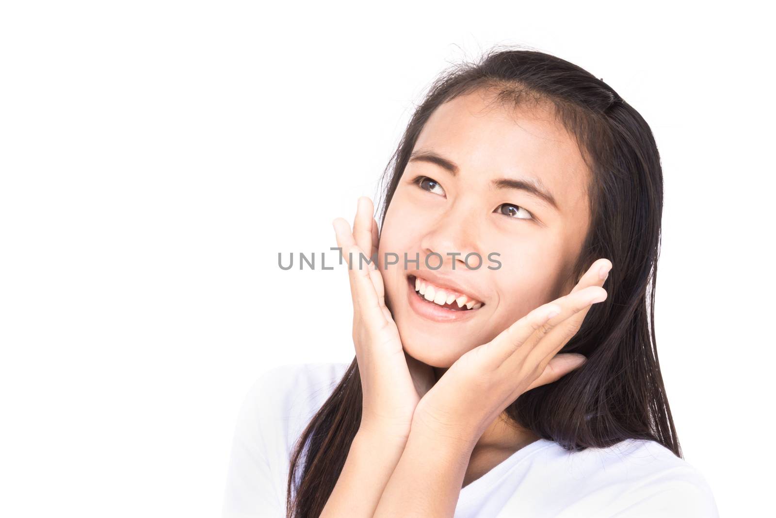 Surprised asian young woman character with happy face on white background, copy space for text advertise concept